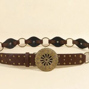 Brown and Black Studded Leather Belt with Ornate Buckle